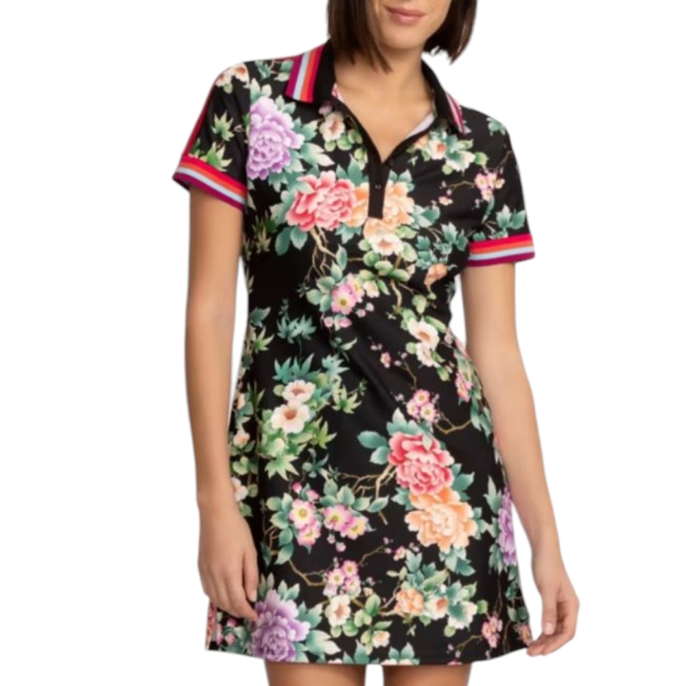 Johnny Was Pink and Purple Floral Polo Collar Mini Dress